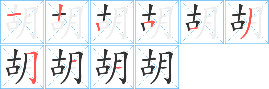 胡的筆順?lè)植窖菔?>
					
                    <hr />
                    <h2>胡的基本信息</h2>
                    <div   id=
